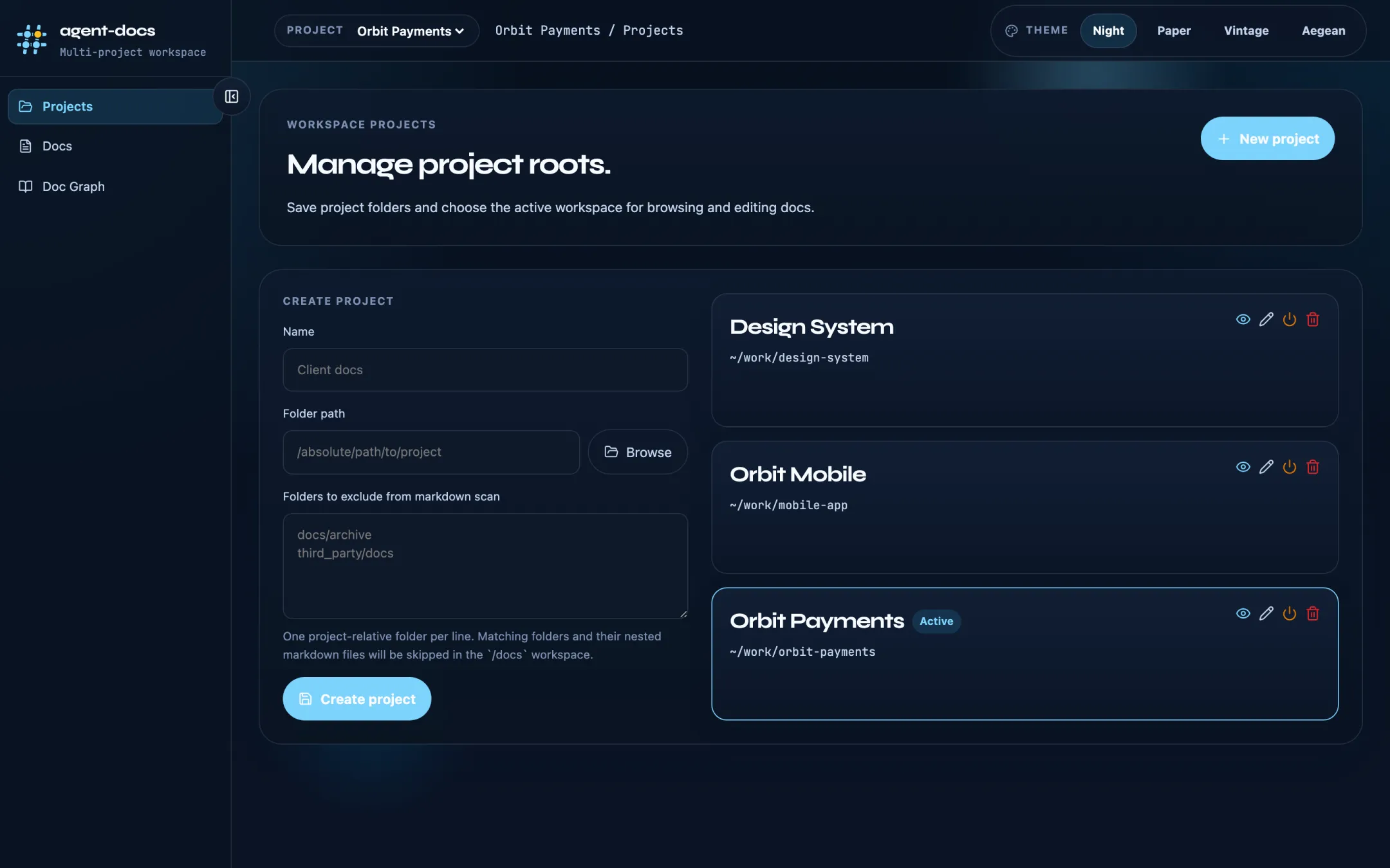 Projects page listing three project folders