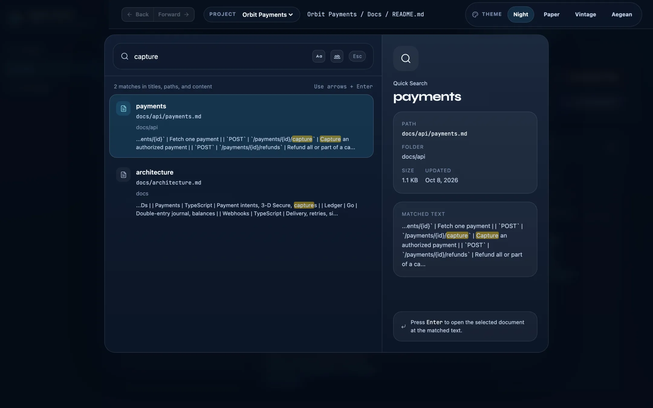 Quick search dialog with highlighted matches